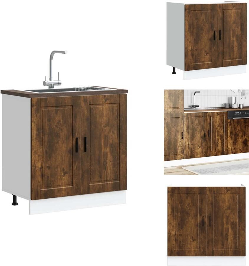 VidaXL Spoelbak Onderkast Spoelbak Onderkasten Keuken Onderkast Gootsteen Onderkast Spoelbakonderkast Porto 80x46x81 5cm bewerkt hout gerookt eiken