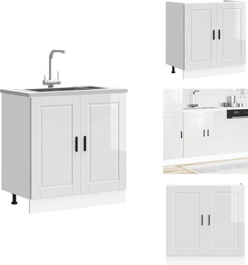 VidaXL Spoelbak Onderkast Spoelbak Onderkasten Keuken Onderkast Gootsteen Onderkast Spoelbakonderkast Porto 80x46x81 5cm bewerkt hout hoogglans wit