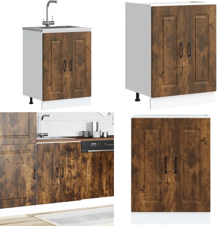 VidaXL Spoelbakonderkast Kalmar 60x46x81 5cm bewerkt hout gerookteiken Spoelbak Onderkast Spoelbak Onderkasten Keuken Onderkast Gootsteen Onderkast