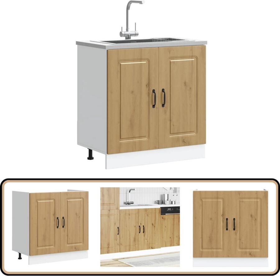 The Living Store Spoelbakonderkast Kalmar 80x46x81 5 cm hout artisanaal eiken Spoelbakonderkast Keukenkasten Houten Kast Artisan Eiken Opslagruimte