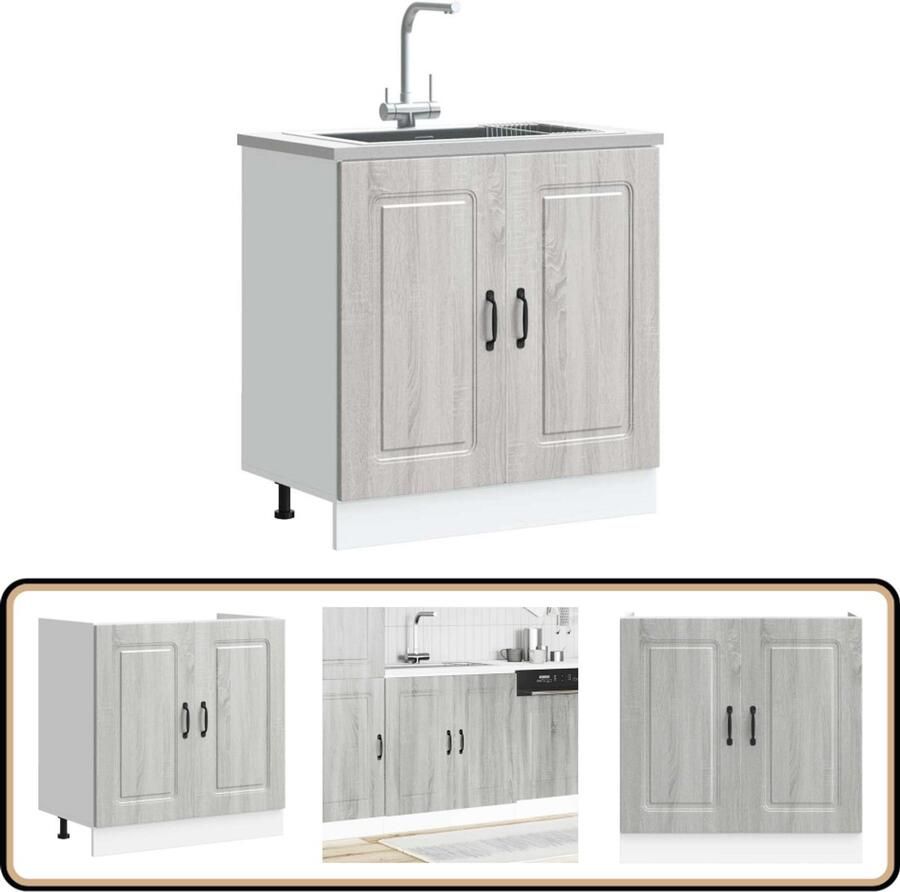 VidaXL Spoelbakonderkast Kalmar Grijs 80x46x81 5cm Spoelbakonderkast Keukenmeubel Opslagoplossing Houten Kast Badkamerkast