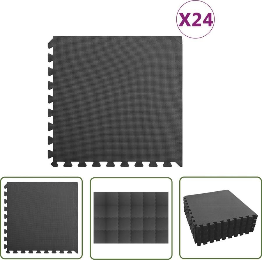The Living Store Puzzelsportmat Zwart 60 x 60 x 1 cm Anti-slip EVA-schuim Waterafstotend Set van 24 stuks Puzzelmat Sportmat Yogamat Trainingsmat Gymschoenen