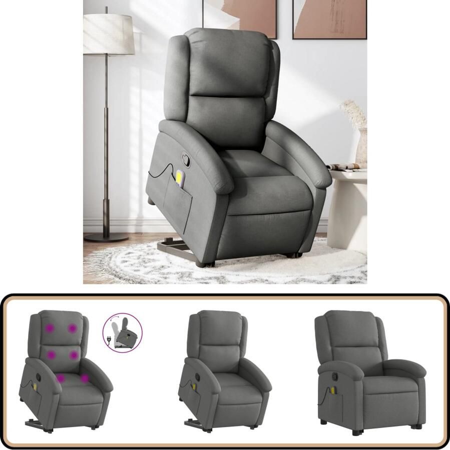 VidaXL Sta-op-massagestoel donkergrijs verstelbaar Sta-op-massagefauteuil Sta-op-massagefauteuils Sta-op Fauteuil Sta-op- En Ligstoel Verstelbaar