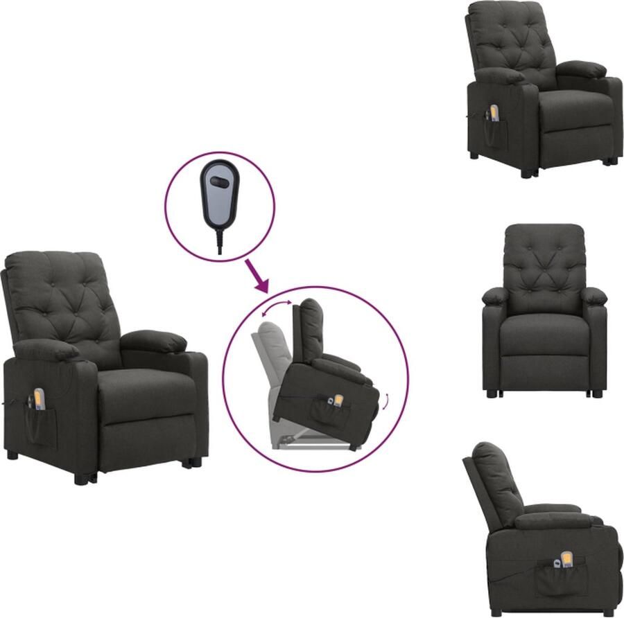 VidaXL Sta-op Massagestoel Donkergrijs Verstelbaar Sta-opfunctie Massagefunctie Comfortabele zitervaring Stevig en stabiel frame 78.5 x 93 x 96.5 cm Fauteuil - Foto 2