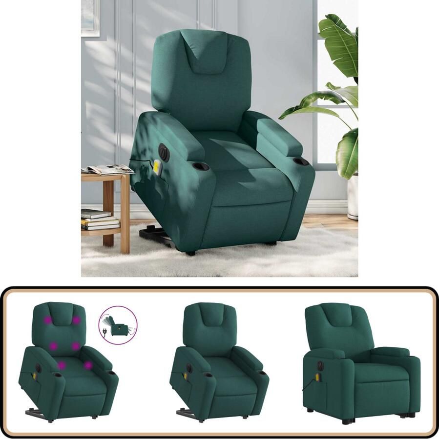 VidaXL Sta-op-massagestoel Elektrisch verstelbaar Stof Donkergroen Elektrische Sta-op-stoelen Massageruimtelijke Fauteuils Ergonomische Stoelen Relaxfauteuil Comfortzalen