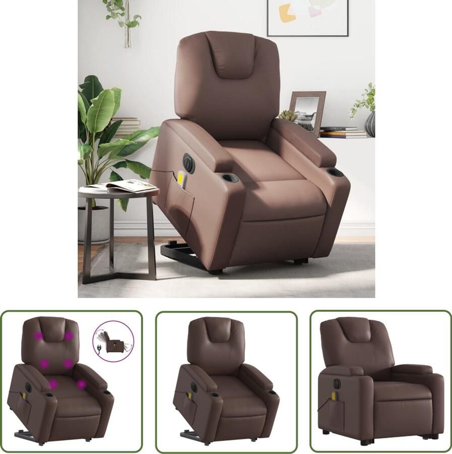 The Living Store Sta-op-massagestoel elektrisch kunstleer bruin Elektrische Massagestoel Sta-opstoel Massagerugkussen Relaxfauteuil Loungestoel