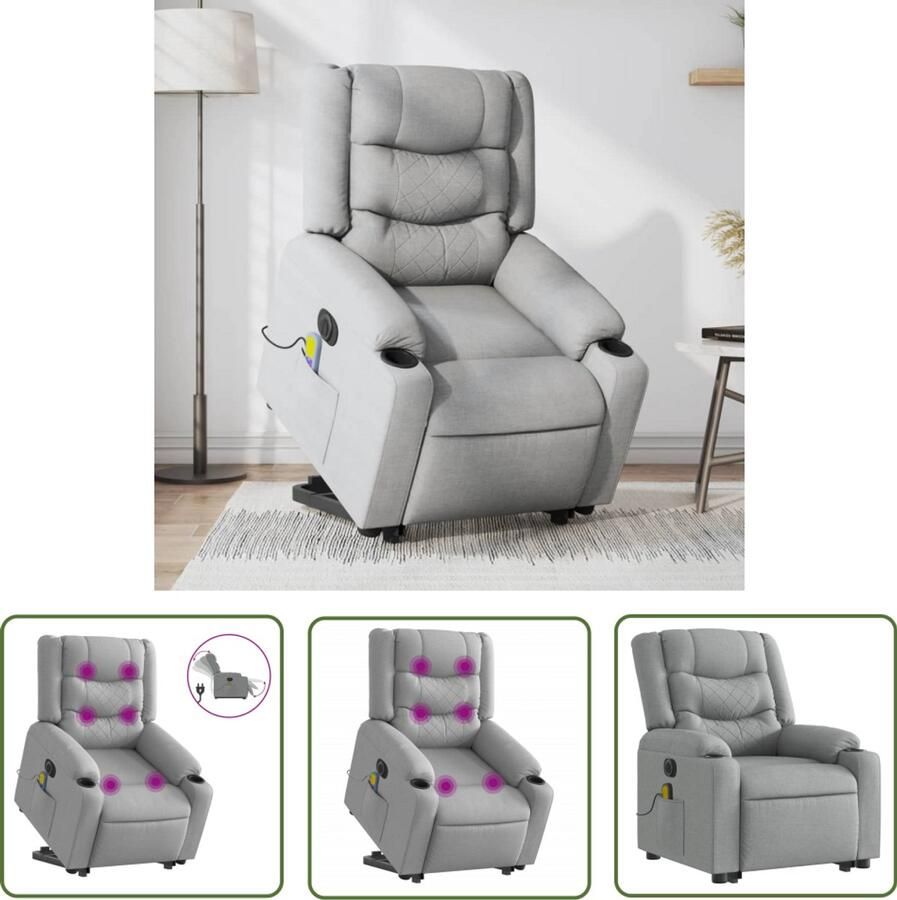 The Living Store Sta-op-massagestoel elektrisch verstelbaar stof lichtgrijs Elektrische Massagestoel Sta Opstoel Massagerugkussen Comfortstoelen Ergonomische Stoel