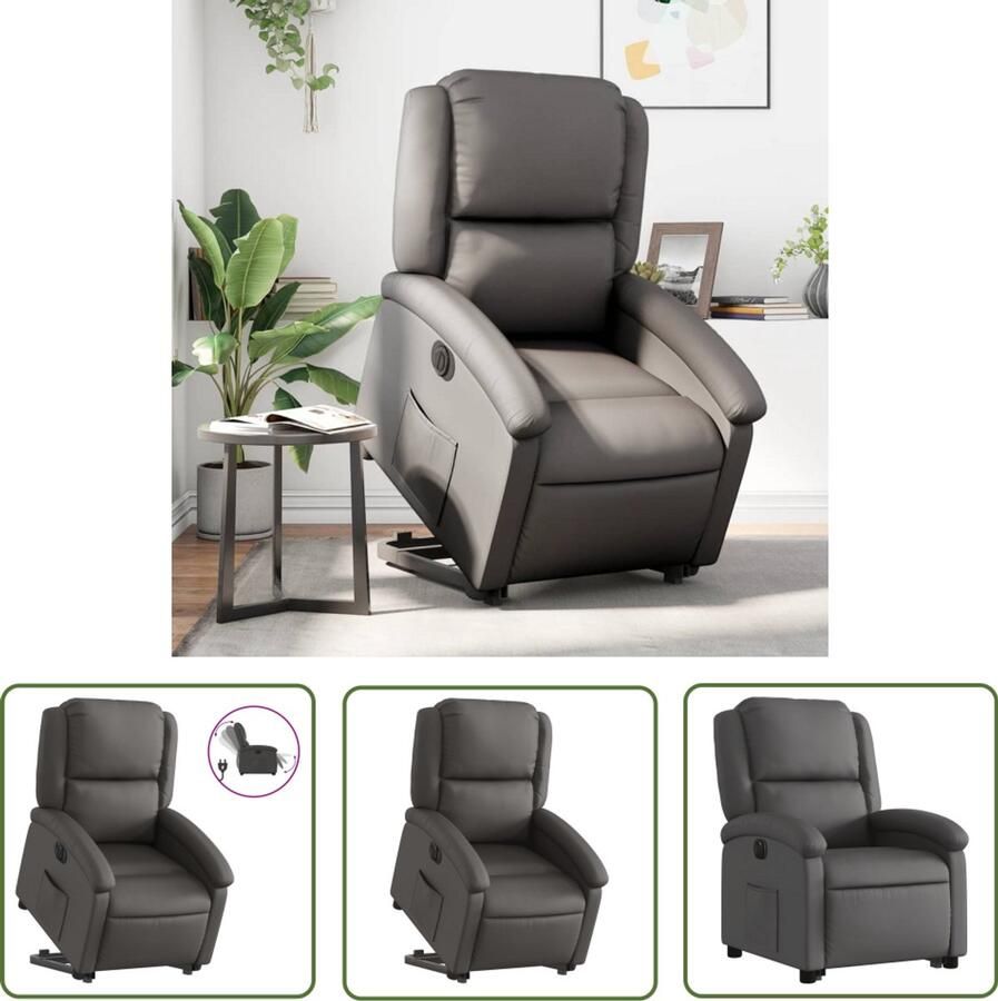 The Living Store Sta-op-stoel elektrisch echt leer grijs Elektrische Sta-op-stoel Sta-op-fauteuil Lederen Fauteuil Ergonomische Stoel Comfortstoelen