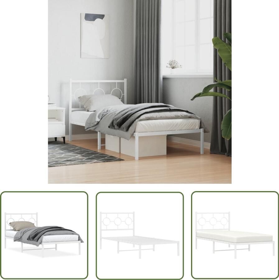 VidaXL Staal Bed Frame Wit Bed Frame Bedframe met hoofdbord metaal wit 90x190 cm Bed Frame 90x190 Tweepersoons Bed Frame Compact Bed Frame