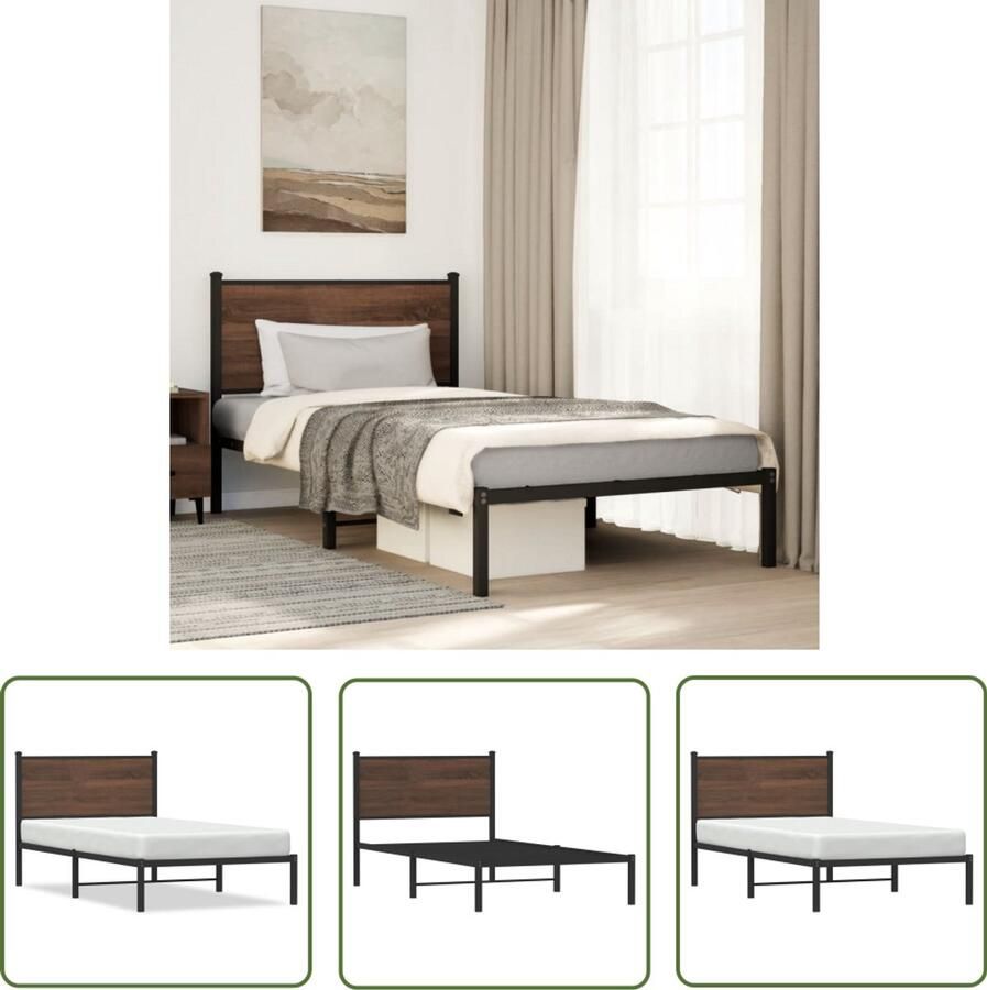 VidaXL Staal Bedframe Bruin Eiken Bedframe zonder matras metaal bruin eikenkleurig 107x203 cm Modern Bedframe Klassiek Bedframe Tweepersoons Bedframe