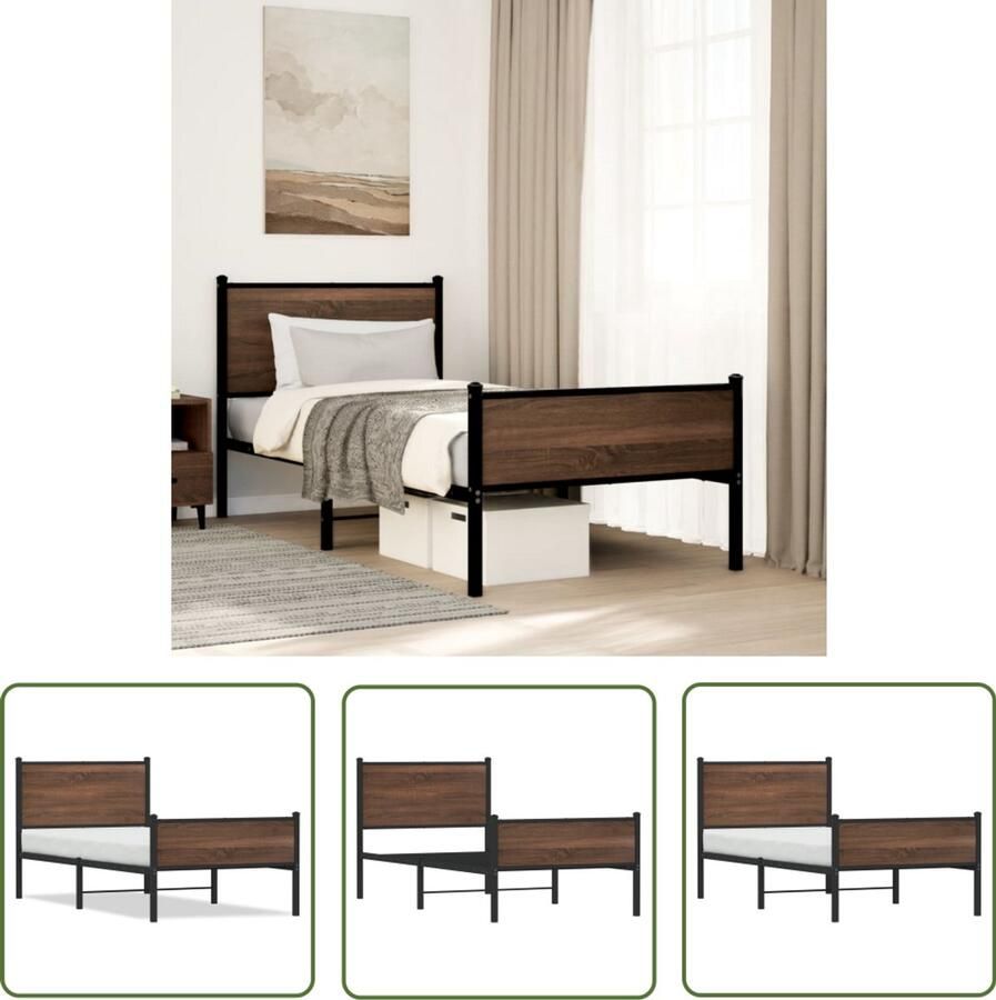 VidaXL Staal Bedframe Bruin Houten Bed Bedframe zonder matras metaal bruin eikenkleurig 90x190 cm Tweepersoons Bed Boxspring Bed Kopen
