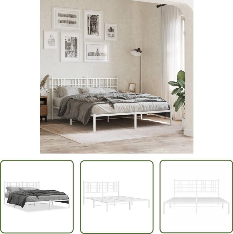 VidaXL Bedframe met hoofdbord metaal wit 150x200 cm Bedframe Staal Bedframe Wit Bedframe King Size Bedframe Tweepersoons Bedframe