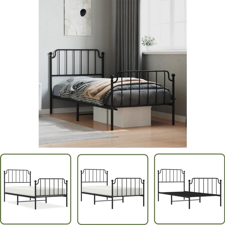 VidaXL Bedframe met hoofd- en voeteneinde metaal zwart 90x200 cm Metalen Bedframe Staal Bedframe Zwart Bedframe Tweepersoons Bed Boxspring Bed