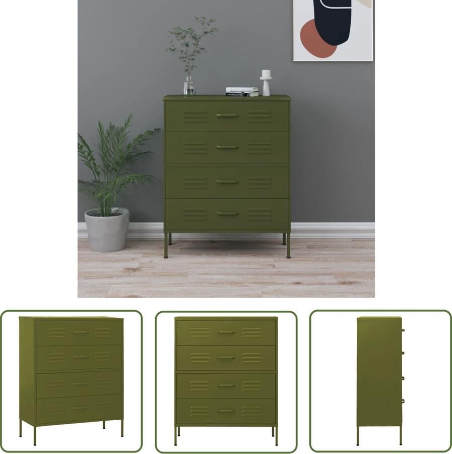 VidaXL Staal Ladekast 80x35x101 5 cm staal olijfgroen Groen Commode Opbergkast