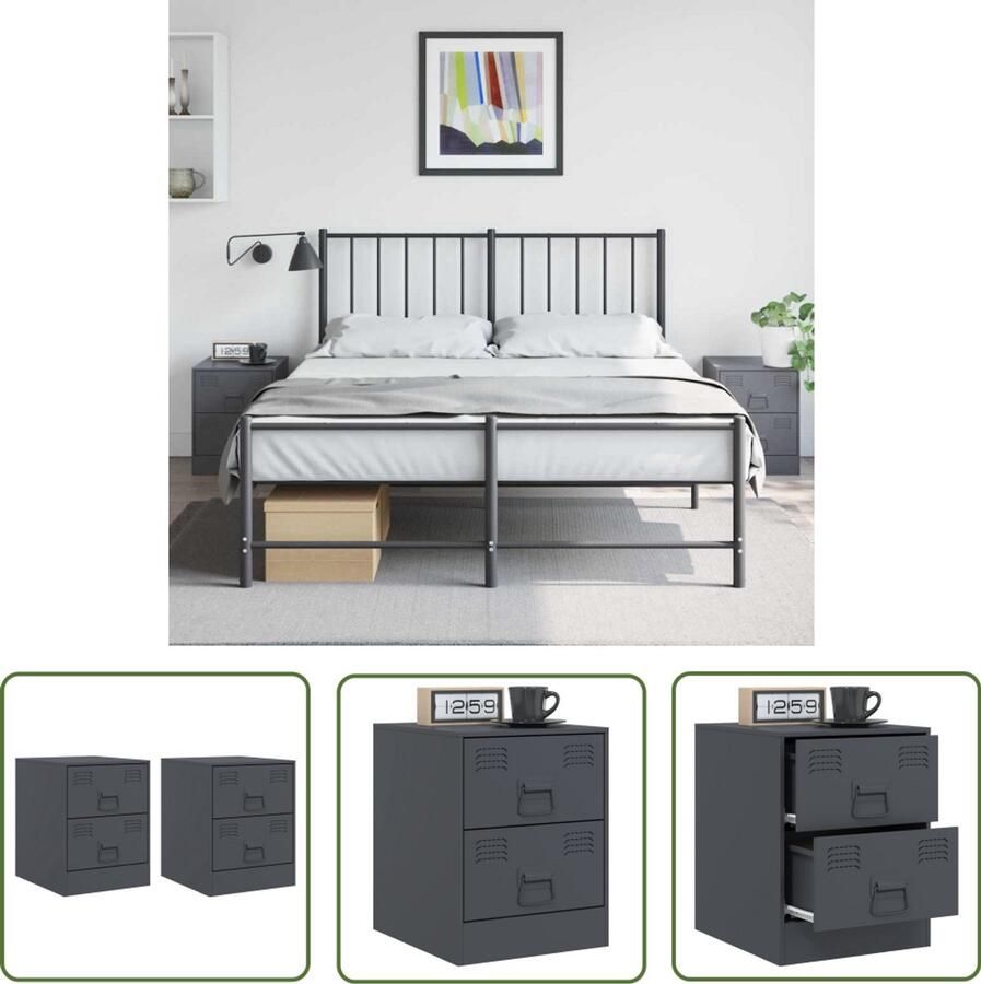 The Living Store Nachtkastjes 2 st 34 5x39x44 cm staal antracietkleurig Nachtkastje Staal Nachtkast Antraciet Kleur Salontafel Slaapkamer Decoratie
