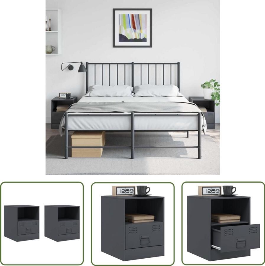 The Living Store Nachtkastjes 2 st 34 5x39x44 cm staal antracietkleurig Nachtkastjes Staal Nachtkast Antraciet Kleur Industrieel Design Slaapkamersdecoratie