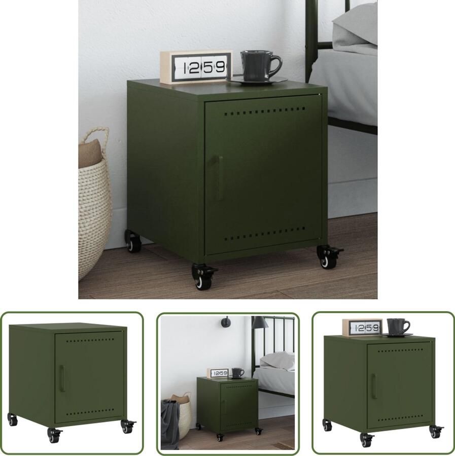The Living Store Nachtkastje 36x39x43 5 cm staal olijfgroen Nachtkastje Staal Olijfgroen Koudgewalst Staal Opbergkast