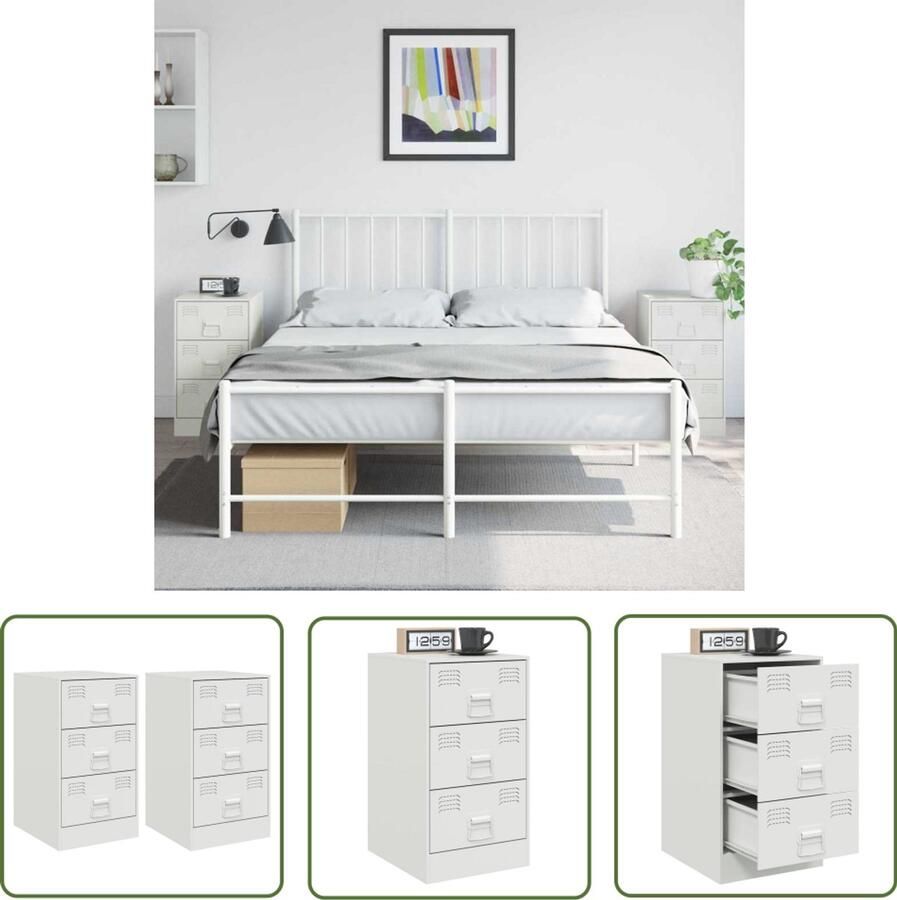 The Living Store Nachtkastjes 2 st 34 5x39x62 cm staal wit Nachtkastjes Staal Wit Koudgewalst Staal Opbergkast