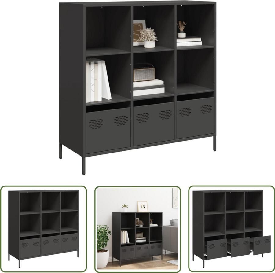 The Living Store Hoge kast 101 5x39x103 5 cm staal zwart Hoge Kast Metalen Kast Opslagkast Boekenkast Woonaccessoires