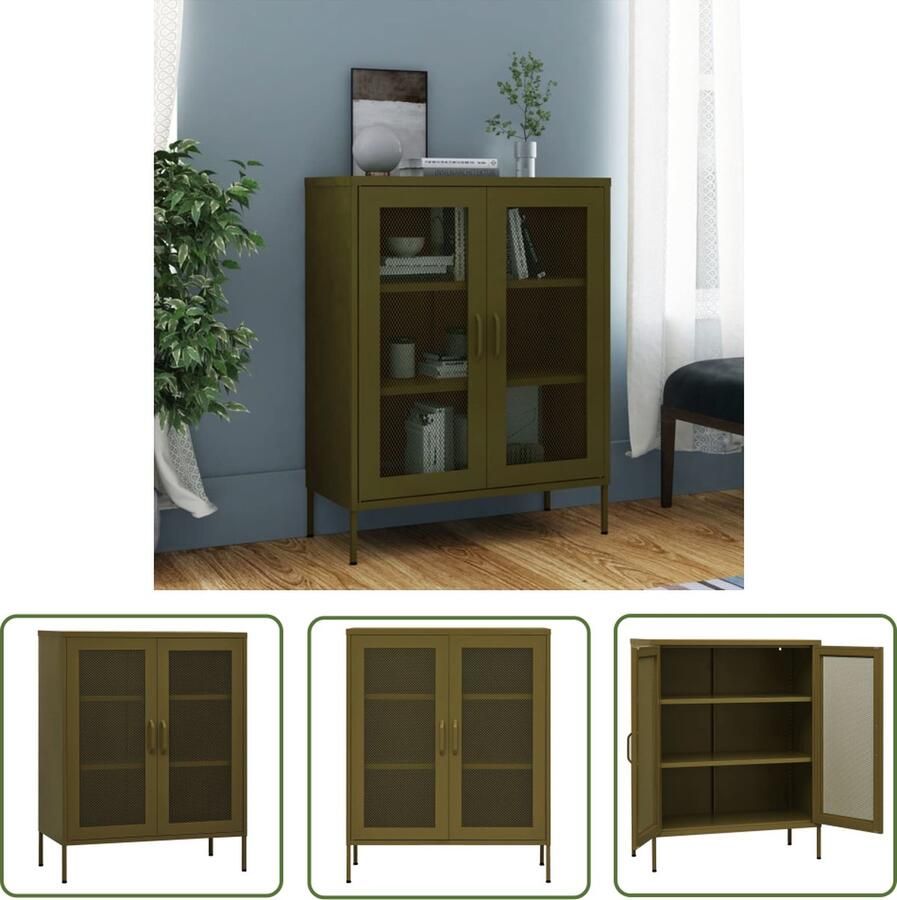 The Living Store Opbergkast Gaasdeuren 80x35x101.5 cm Olijfgroen Opslagruimte Staalkast Bijzettafel Woonaccessoires Kamerinrichting