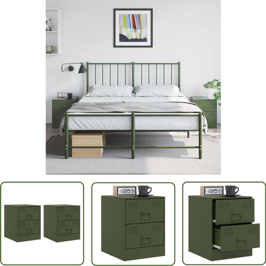 The Living Store Nachtkastjes 2 st 34 5x39x44 cm staal groen Nachtkastje Staalkasten Groene Kasten Nachtkastjes Set Opbergkasten
