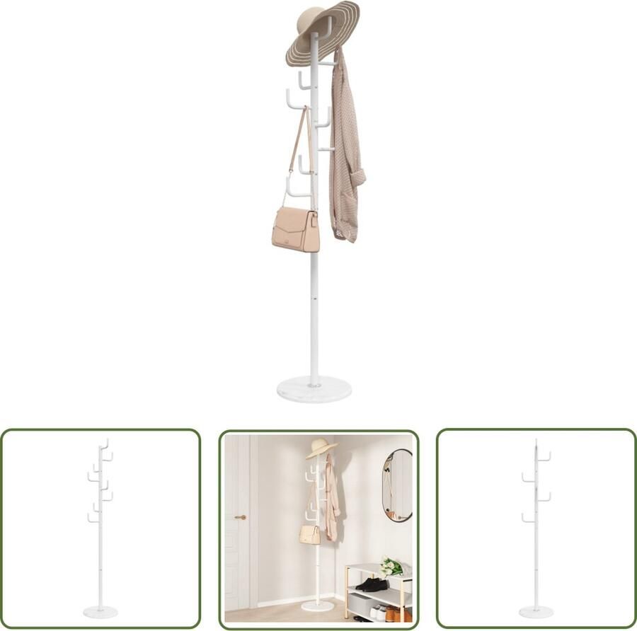 The Living Store Kapstok IJzeren Staande Kapstok 183 cm 8 Haken Marmeren Voet Wit Kapstok Staand Kapstok Marmeren Kapstok Zwarte Kapstok Houten Kapstok