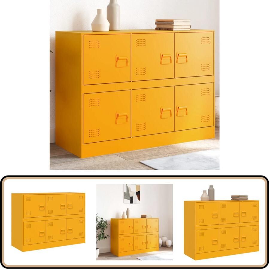 VidaXL Dressoir 99x39x73 cm staal mosterdgeel Dressoir Vintage Dressoir Industrieel Dressoir Stalen Dressoir Mustard Yellow Dressoir