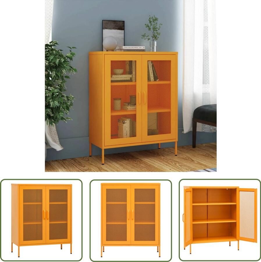 The Living Store Opbergkast Bijzetkast Materiaal- Staal Afmetingen- 80 x 35 x 101.5 cm Kleur- Mosterdgeel Aantal schappen- 2 (verstelbaar) Draagvermogen per schap- 30 kg