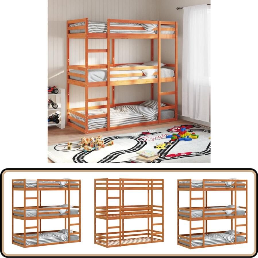 VidaXL Stapelbed 3-persoons massief grenenhout wasbruin 75x190 cm