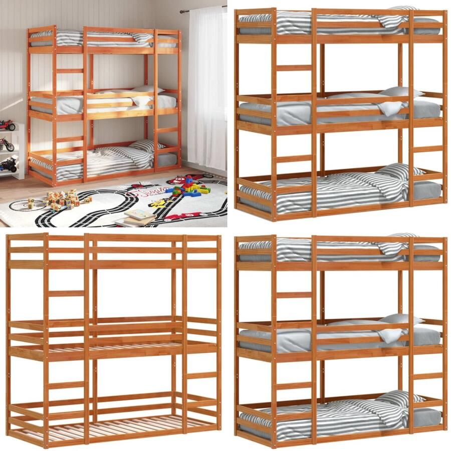 VidaXL Stapelbed 3-persoons massief grenenhout wasbruin 80x200 cm 3-persoons Stapelbed 3-persoons Stapelbedden Stapelbed Bedframe