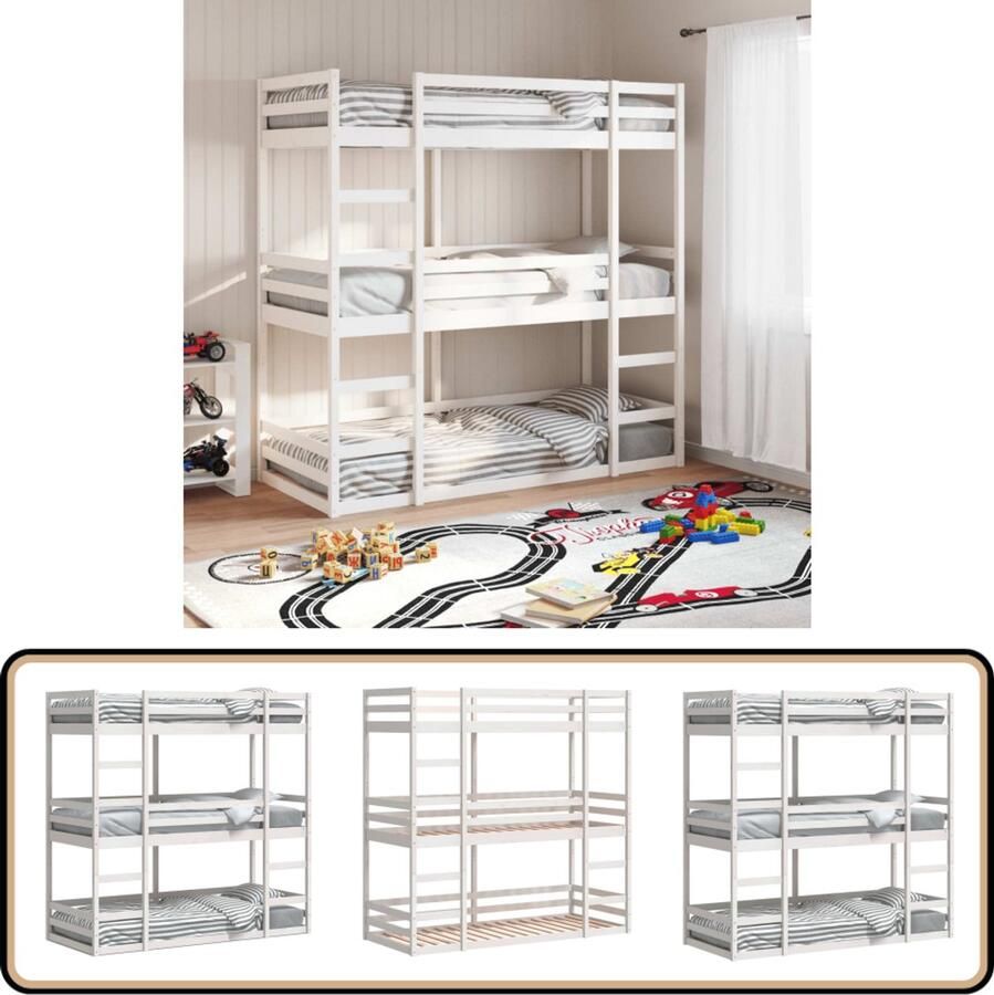 VidaXL Stapelbed 3-persoons massief grenenhout wit 80x200 cm