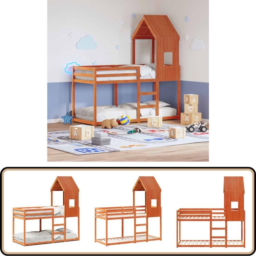 VidaXL Stapelbed met bedhuis massief grenenhout wasbruin 90x200 cm