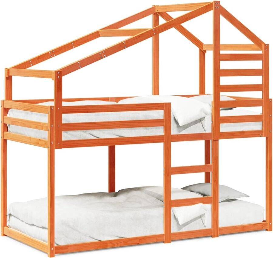 VidaXL Stapelbed met bedhuis massief grenenhout wasbruin 90x200 cm - Foto 4