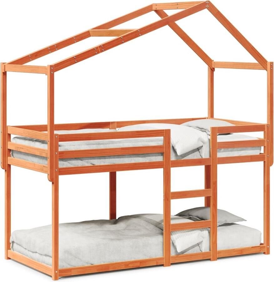 VidaXL Stapelbed met bedhuis massief grenenhout wasbruin 90x200 cm - Foto 5