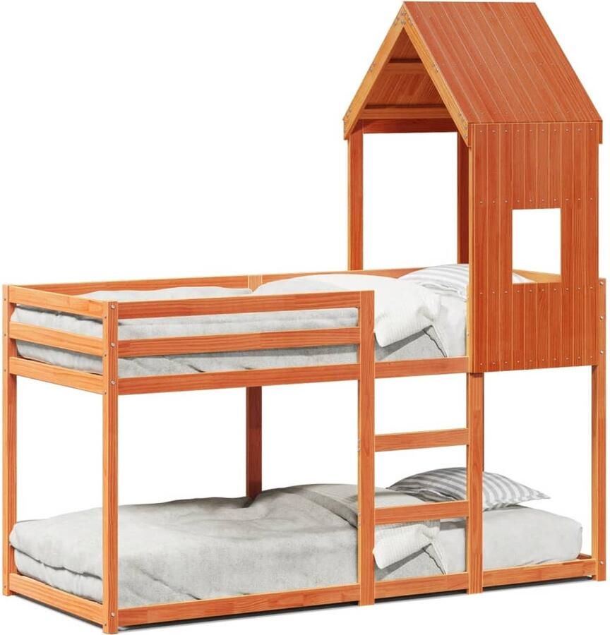 VidaXL Stapelbed met bedhuis massief grenenhout wasbruin 90x200 cm