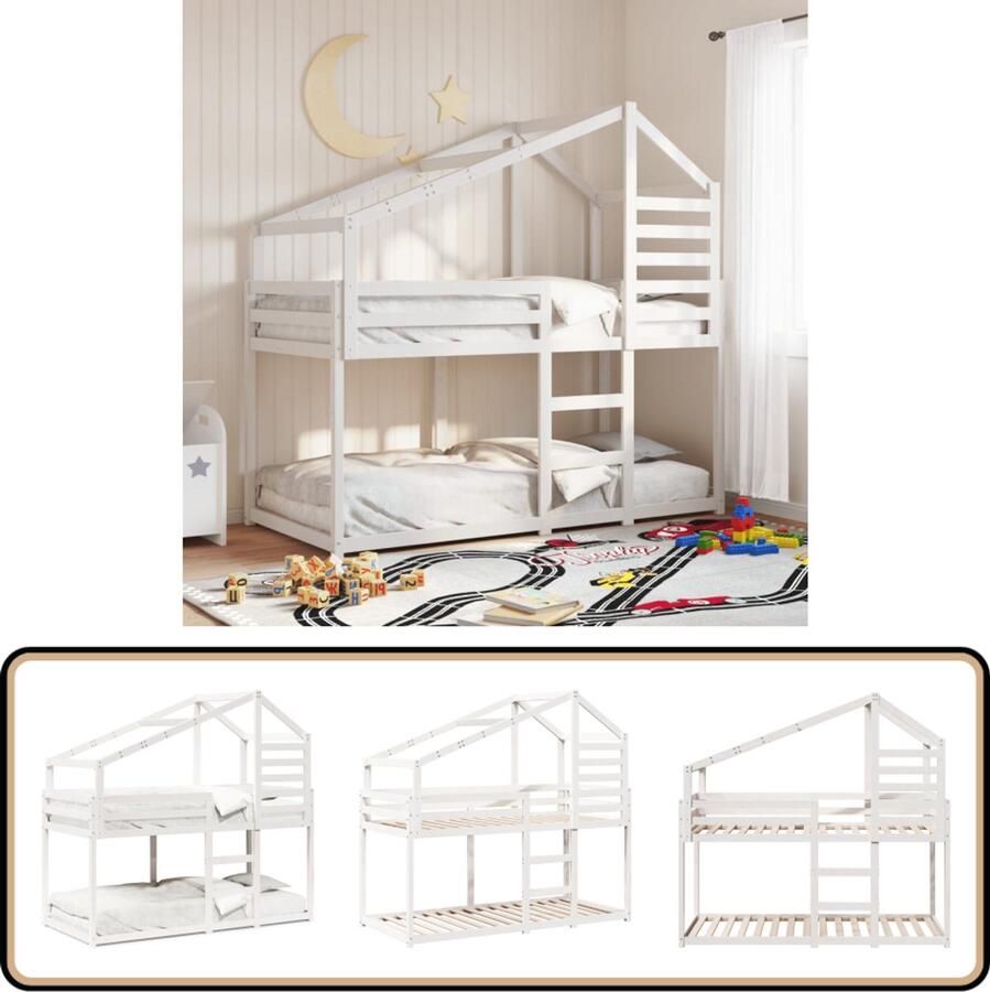 VidaXL Stapelbed met dak massief grenenhout wit 90x200 cm