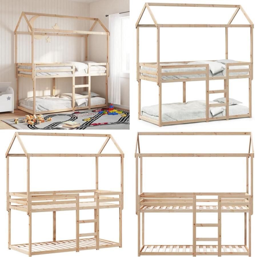 VidaXL Stapelbed met dak massief grenenhout 80x200 cm Stapelbed Stapelbedden Bedframe Kinderbedframe