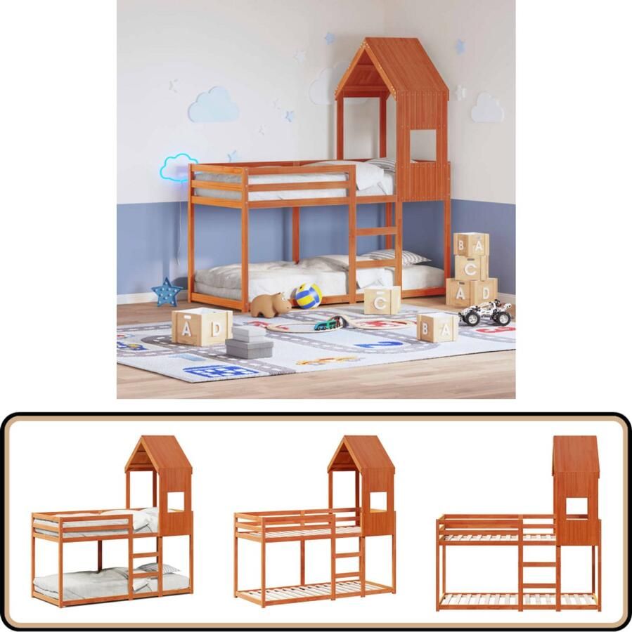 VidaXL Stapelbed met dak massief grenenhout wasbruin 75x190 cm