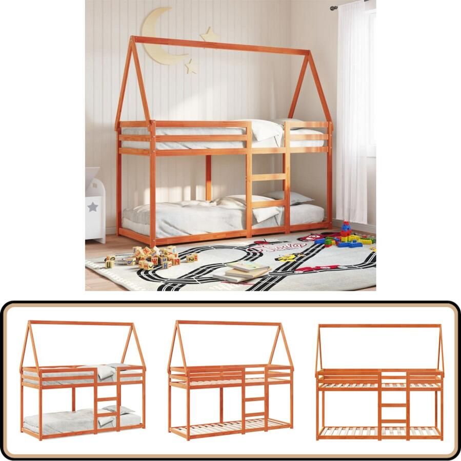 VidaXL Stapelbed met dak massief grenenhout wasbruin 80x200 cm