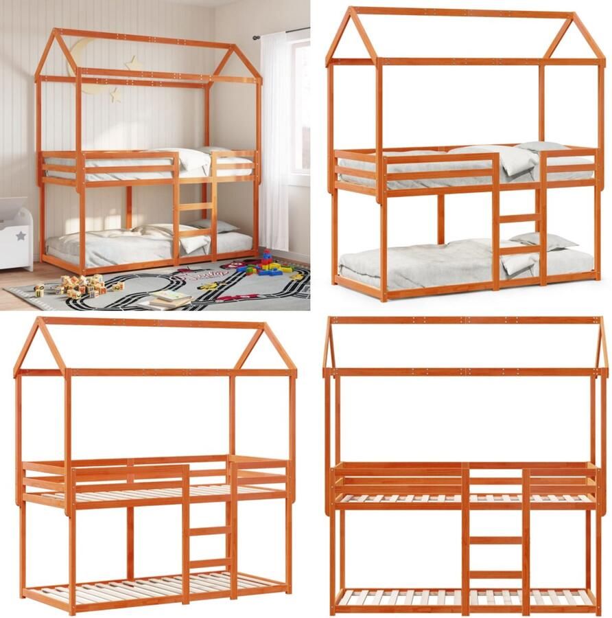 VidaXL Stapelbed met dak massief grenenhout wasbruin 80x200 cm Stapelbed Stapelbedden Bedframe Kinderbedframe