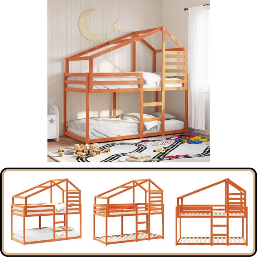 VidaXL Stapelbed met dak massief grenenhout wasbruin 90x190 cm