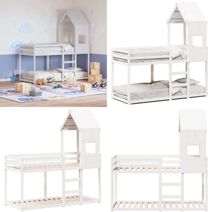 VidaXL Stapelbed met dak massief grenenhout wit 75x190 cm Stapelbed Stapelbedden Bedframe Kinderbedframe