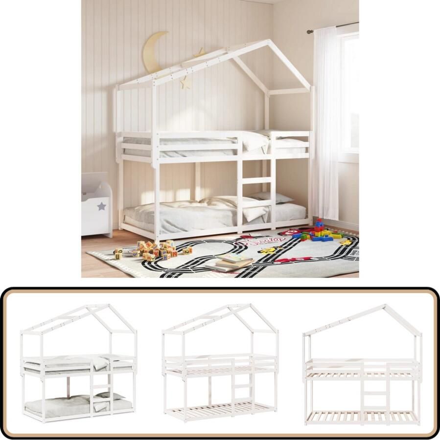 VidaXL Stapelbed met dak massief grenenhout wit 90x190 cm