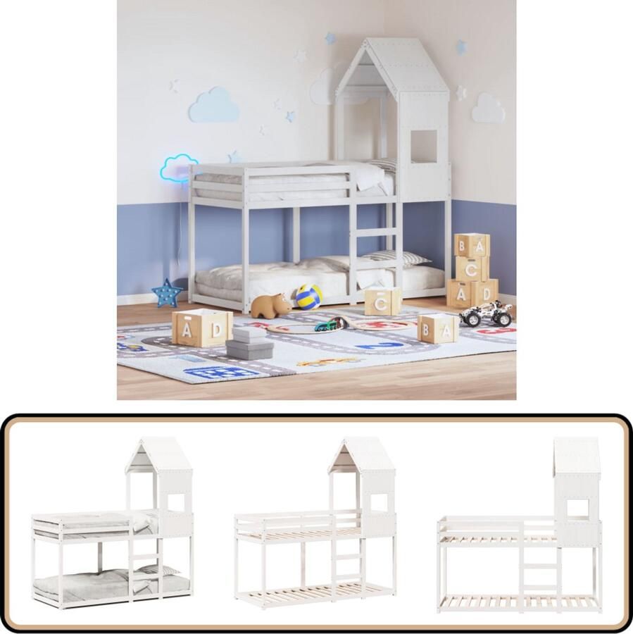 VidaXL Stapelbed met dak massief grenenhout wit 90x190 cm