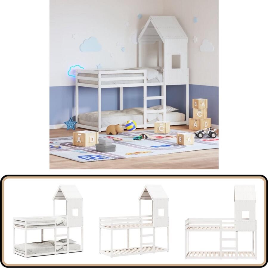 VidaXL Stapelbed met dak massief grenenhout wit 90x200 cm