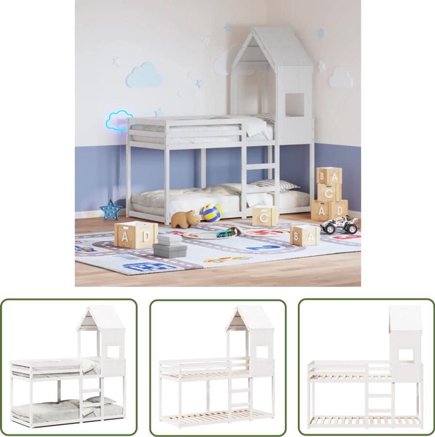 VidaXL Stapelbed met dak Wit Massief Grenenhout Stapelbed Kids Bed Houten Bed Kinderbed Frame Tweepersoons Bed Loft Bed Bunk Bed Speelhoek Kinderkamers