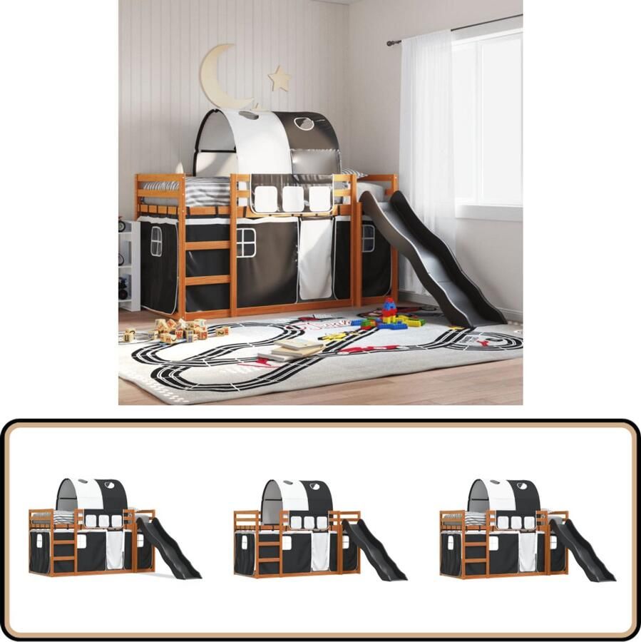 VidaXL Stapelbed met Glijbaan 90x190 cm Gordijnen Stapelbed Houten Bed Kinderbed Bunkbed Kids Beds