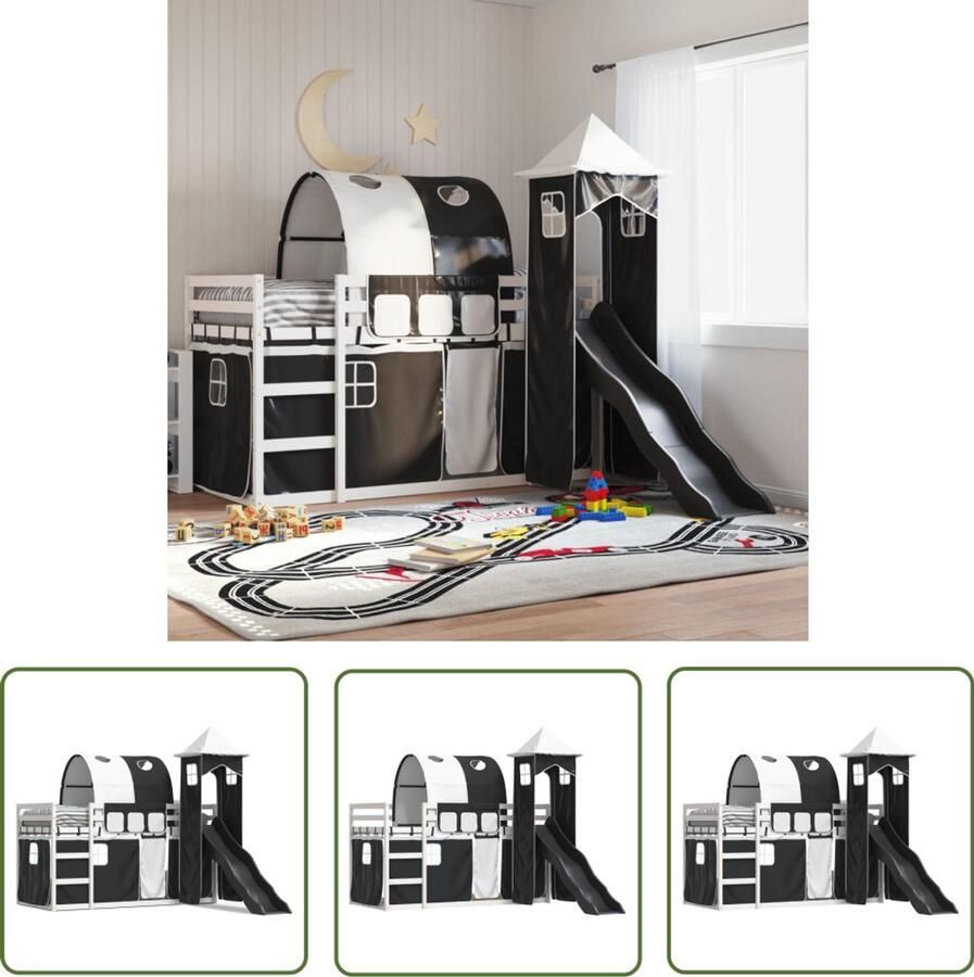 VidaXL Stapelbed met glijbaan en gordijnen 80x200 cm Stapelbed Kinderbed Houten Bed Tweepersoonsbed Bunkbed Kids Bedroom Furniture Jeugdkamermeubel