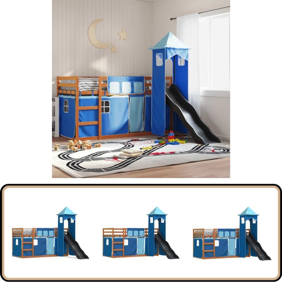 VidaXL Stapelbed met glijbaan en gordijnen blauw 80x200 cm