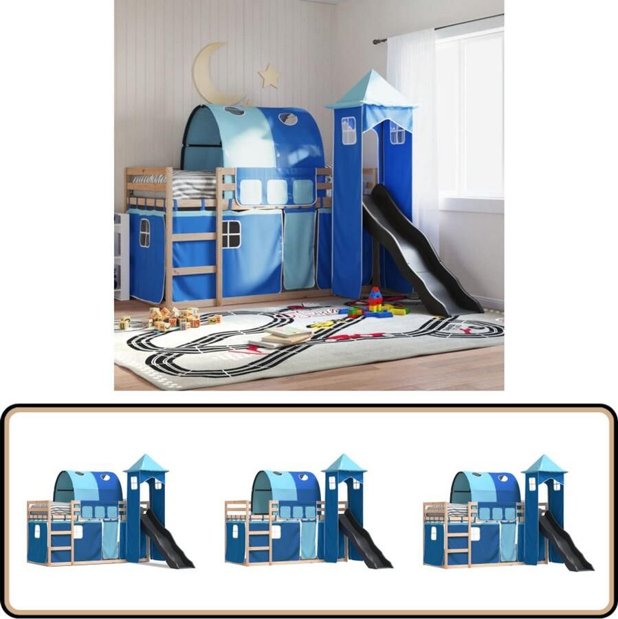 VidaXL Stapelbed met glijbaan en gordijnen blauw 80x200 cm